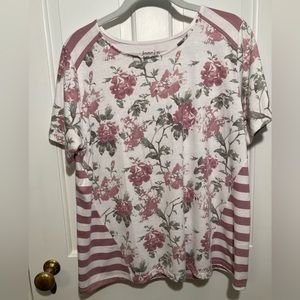 Fervour Womens XL T Tee Shirt Short Sleeve Pink White Floral Stripes